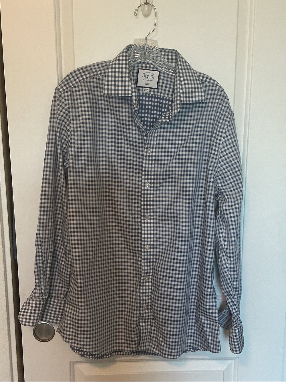 Charles Tyrwhitt Men’s Blue and White Gingham Slim Fit Button-Down Shirt 16.5